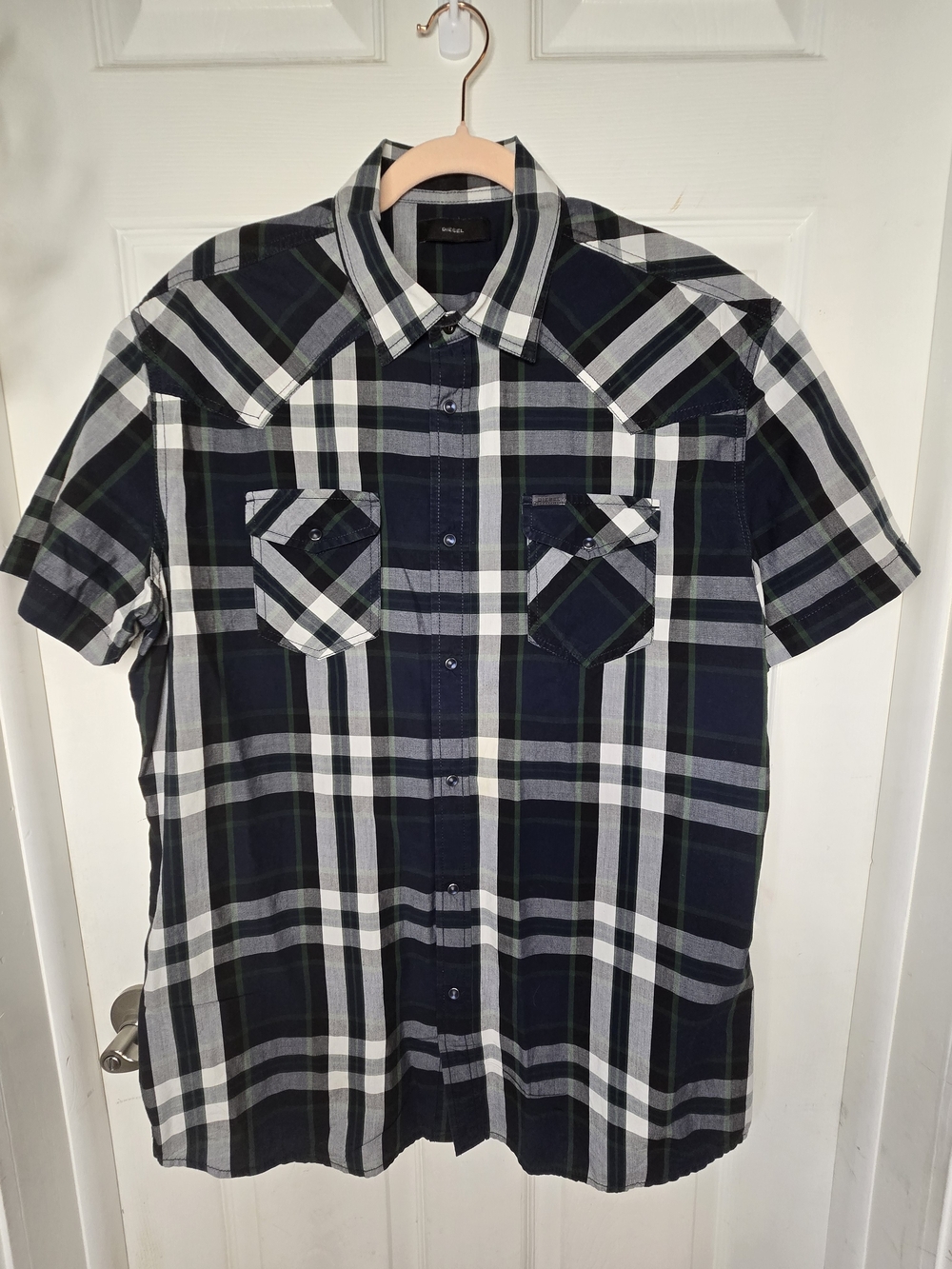 Diesel Men Plaid Short Sleeve Western Pearl Snap Shirt Navy Green XXL